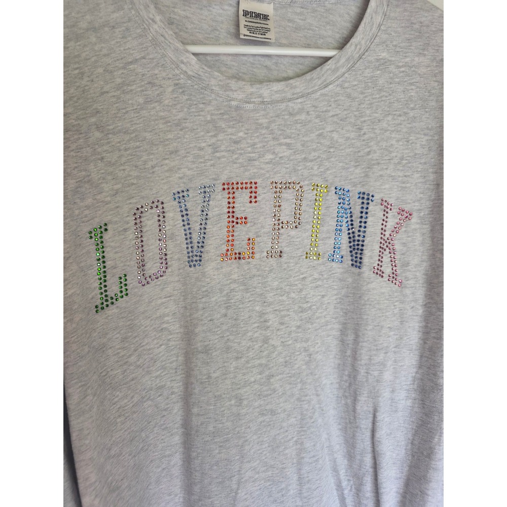 Victorias Secret PINK Long Sleeve Rainbow Rhinestone Graphic T-Shirt Gray XL - Picture 2 of 5